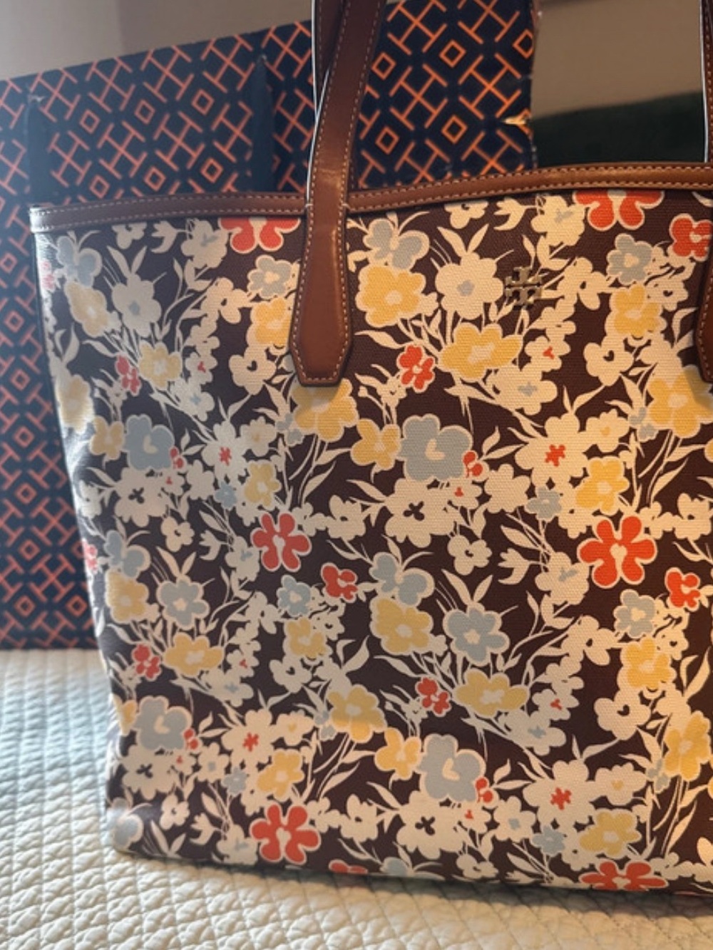 Tory Burch Brown Floral Canvas Tote with Yellow, Light Blue & Orange Accents